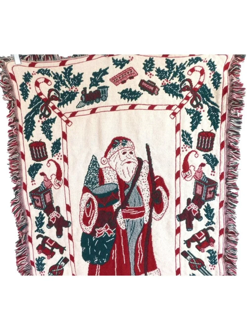 Vintage Santa Claus Woven Tapestry Throw Lap Blanket With Fringe 48